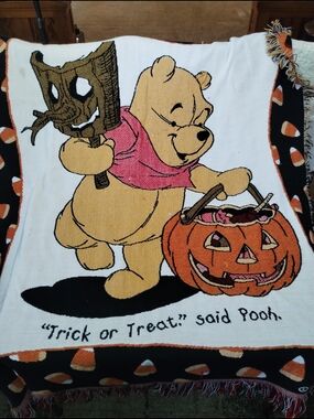 Vintage Winnie the Pooh Halloween Throw Blanket - Pooh with Jack-O'-Lantern